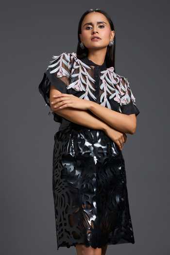 Deepika Arora_Black Organza, Leather, Ponte Roma Laser-cut Skirt _at_Aza_Fashions