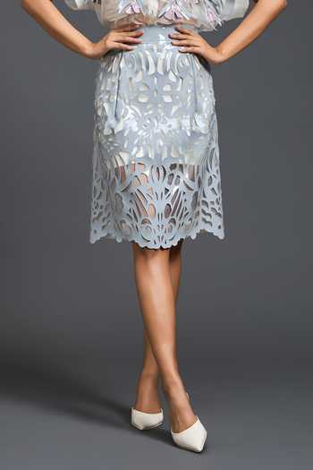 Buy_Deepika Arora_Grey Ponte Roma, Organza, Leather Collared Neck Floral Patchwork Top And Skirt Set _Online_at_Aza_Fashions