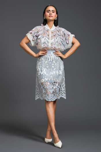 Buy_Deepika Arora_Grey Ponte Roma, Organza, Leather Collared Neck Floral Patchwork Top And Skirt Set _at_Aza_Fashions
