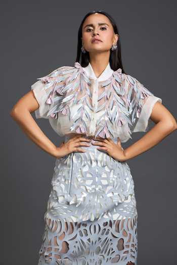 Buy_Deepika Arora_Grey Ponte Roma, Organza, Leather Collared Neck Floral Patchwork Top And Skirt Set 