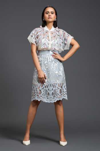 Deepika Arora_Grey Organza, Ponte Roma, Leather Glossy Laser-cut Pencil Skirt _Online_at_Aza_Fashions