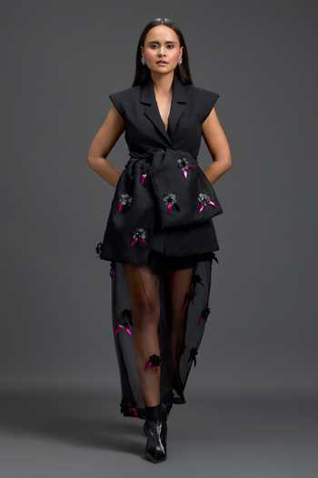 Buy_Deepika Arora_Black Organza, Ponte Roma, Leather Collared Neck Jacket Shorts And Sheer Pant Set _at_Aza_Fashions