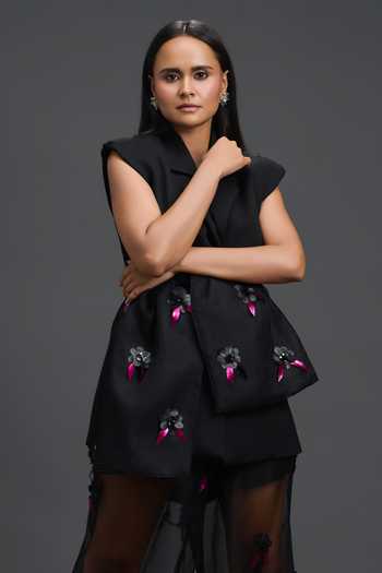 Deepika Arora_Black Organza, Ponte Roma, Leather Collared Neck Jacket Shorts And Sheer Pant Set _at_Aza_Fashions