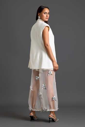 Shop_Deepika Arora_White Organza, Ponte Roma, Leather Collared Sleeveless Jacket And Sheer Pant Set _at_Aza_Fashions