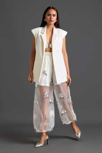 Deepika Arora_White Organza, Ponte Roma, Leather Collared Sleeveless Jacket And Sheer Pant Set _Online_at_Aza_Fashions