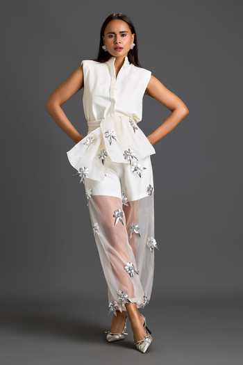 Deepika Arora_White Organza, Ponte Roma, Leather Collared Sleeveless Jacket And Sheer Pant Set _at_Aza_Fashions