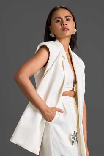 Buy_Deepika Arora_White Organza, Ponte Roma, Leather Collared Sleeveless Jacket And Sheer Pant Set 