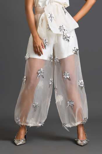 Shop_Deepika Arora_White Organza, Ponte Roma, Leather Collared Sleeveless Jacket And Sheer Pant Set 