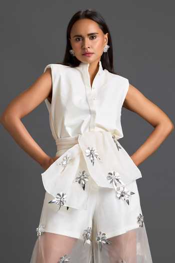 Deepika Arora_White Organza, Ponte Roma, Leather Collared Sleeveless Jacket And Sheer Pant Set _Online