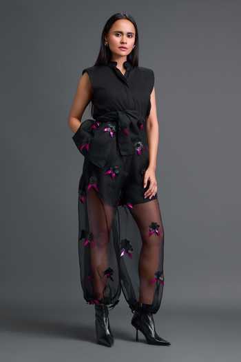 Deepika Arora_Black Organza, Faux Leather 3d Flower Embellished Pant With Belt _Online_at_Aza_Fashions