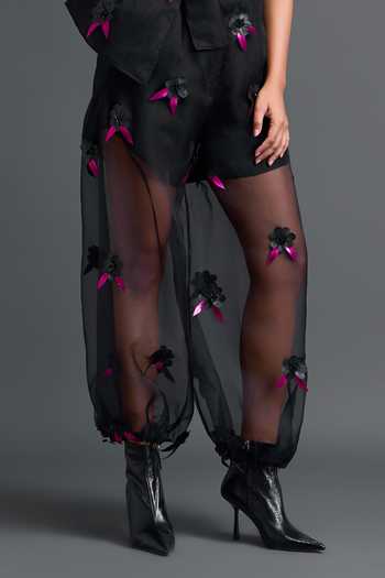 Deepika Arora_Black Organza, Faux Leather 3d Flower Embellished Pant With Belt _at_Aza_Fashions