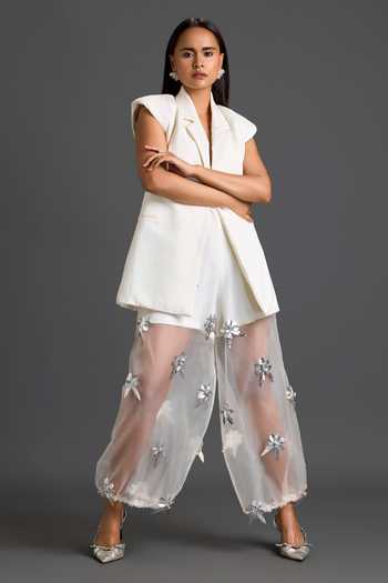 Buy_Deepika Arora_White Organza, Leather Embellished Sheer Pant With Belt _Online_at_Aza_Fashions