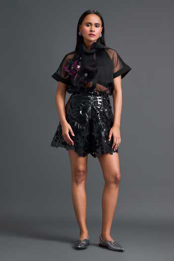 Deepika Arora_Black Organza, Leather Glossy Laser-cut Pencil Shorts _Online_at_Aza_Fashions