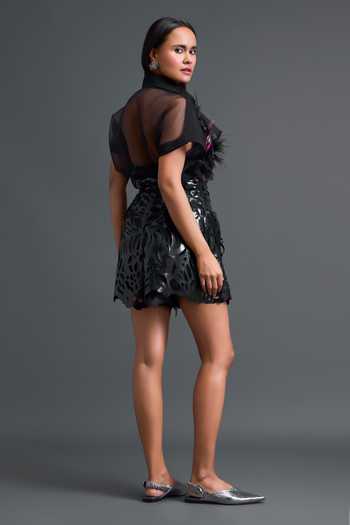 Shop_Deepika Arora_Black Organza, Leather Glossy Laser-cut Pencil Shorts _at_Aza_Fashions