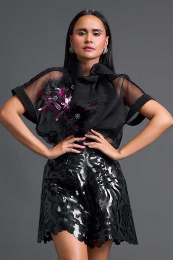 Buy_Deepika Arora_Black Organza, Leather Glossy Laser-cut Pencil Shorts 