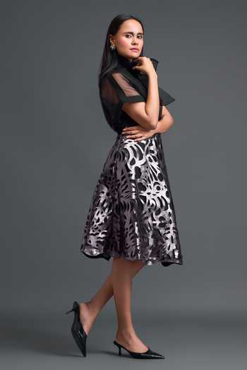 Buy_Deepika Arora_Silver Organza, Leather Laser-cut A Line Midi Skirt _Online_at_Aza_Fashions