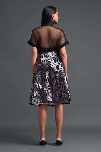 Shop_Deepika Arora_Silver Organza, Leather Laser-cut A Line Midi Skirt _at_Aza_Fashions