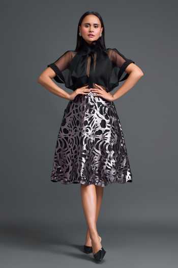 Shop_Deepika Arora_Silver Organza, Leather Laser-cut A Line Midi Skirt _Online_at_Aza_Fashions
