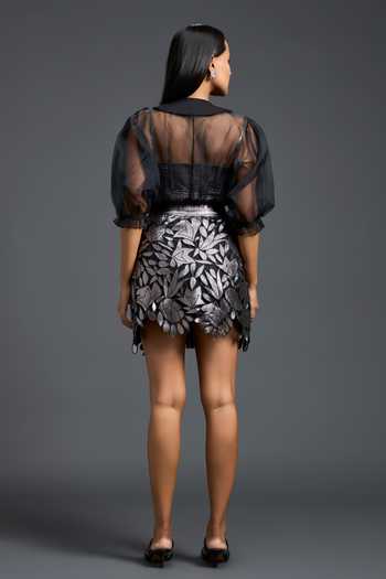 Shop_Deepika Arora_Black Organza, Ponte Roma, Leather Halter Neck, Floral Embroidered Skirt Set _at_Aza_Fashions