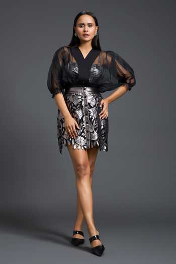 Buy_Deepika Arora_Black Organza, Ponte Roma, Leather Halter Neck, Floral Embroidered Skirt Set 