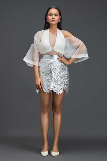 Deepika Arora_White Organza, Leather, Ponte Roma Halter Neck, Sheer Top And Skirt Set _at_Aza_Fashions