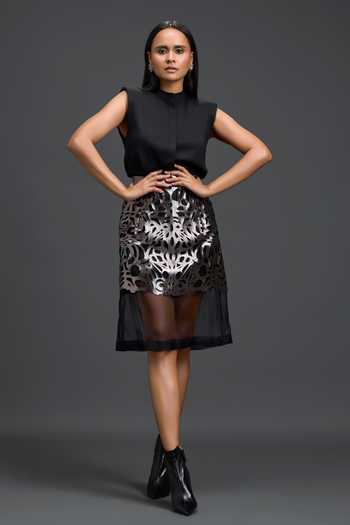 Shop_Deepika Arora_Silver Organza, Leather, Ponte Roma Cutwork Skirt _Online_at_Aza_Fashions