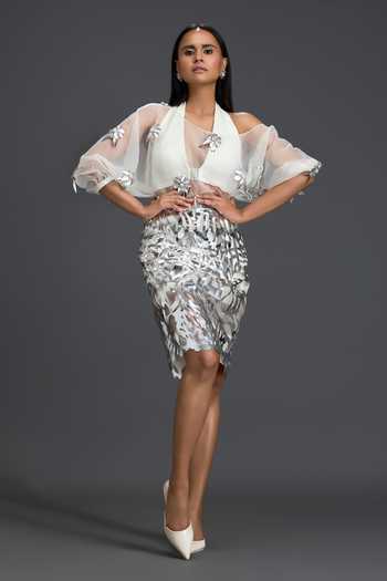 Buy_Deepika Arora_Silver Organza, Ponte Roma, Leather Laser Cutwork Skirt _at_Aza_Fashions