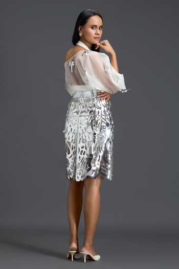 Shop_Deepika Arora_Silver Organza, Ponte Roma, Leather Laser Cutwork Skirt _at_Aza_Fashions