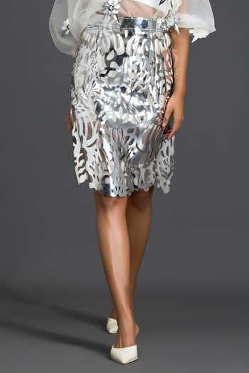 Deepika Arora_Silver Organza, Ponte Roma, Leather Laser Cutwork Skirt _at_Aza_Fashions