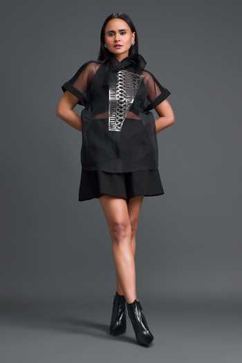 Buy_Deepika Arora_Black Organza, Ponte Roma Halter Neck Sheer Shirt And Top Set _Online_at_Aza_Fashions