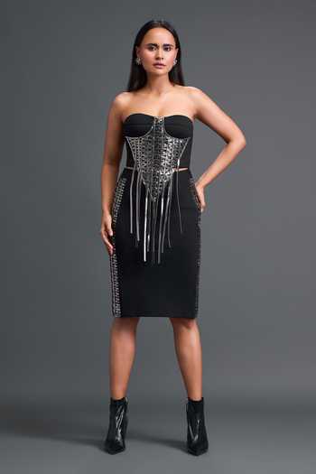 Deepika Arora_Black Leather, Ponte Roma Sweetheart Neck Embroidered Top And Skirt Set _Online_at_Aza_Fashions