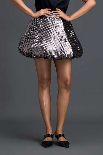 Buy_Deepika Arora_Silver Leather 3d Bubble Textured Skirt _Online_at_Aza_Fashions