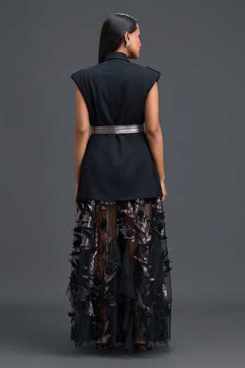 Shop_Deepika Arora_Black Ponte Roma, Net Plunge , Open Metallic Embroidered Skirt Set _at_Aza_Fashions