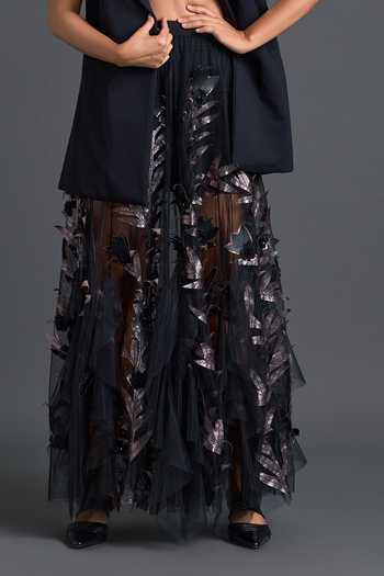Shop_Deepika Arora_Black Ponte Roma, Net Plunge , Open Metallic Embroidered Skirt Set 