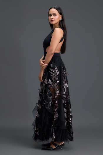 Buy_Deepika Arora_Black Net, Ponte Roma Round Neck Cutout Metallic Leaf Top And Skirt Set _Online_at_Aza_Fashions