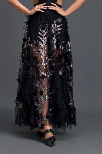 Deepika Arora_Black Net, Ponte Roma Round Neck Cutout Metallic Leaf Top And Skirt Set _at_Aza_Fashions