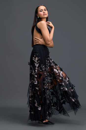 Buy_Deepika Arora_Black Net, Ponte Roma Round Neck Cutout Metallic Leaf Top And Skirt Set 