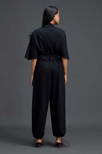 Shop_Deepika Arora_Black Ponte Roma Mandarin Collar Crystal Embellished Jumpsuit _at_Aza_Fashions