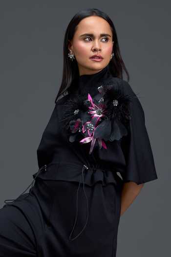 Shop_Deepika Arora_Black Ponte Roma Mandarin Collar Crystal Embellished Jumpsuit _Online_at_Aza_Fashions