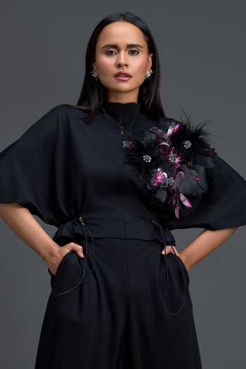 Deepika Arora_Black Ponte Roma Mandarin Collar Crystal Embellished Jumpsuit _at_Aza_Fashions
