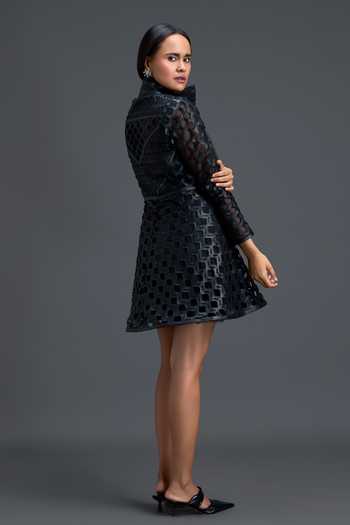 Shop_Deepika Arora_Black Net, Leather High Neck Floral Embellished Mini Dress _at_Aza_Fashions