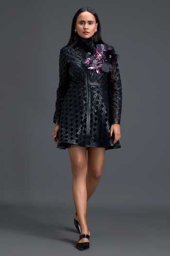 Deepika Arora_Black Net, Leather High Neck Floral Embellished Mini Dress _Online_at_Aza_Fashions