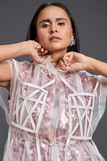 Buy_Deepika Arora_White Leather, Ponte Roma High Neck Sheer Overlay With Floral Patchwork Top 