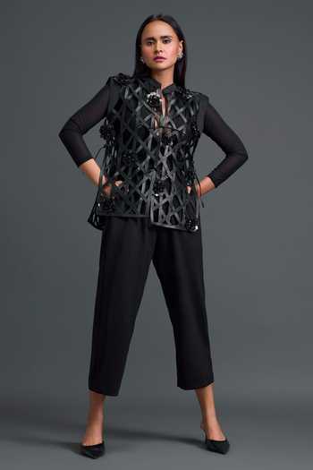 Deepika Arora_Black Ponte Roma, Leather, Net Mandarin Layered Embroidered Jacket Pant Set _Online_at_Aza_Fashions