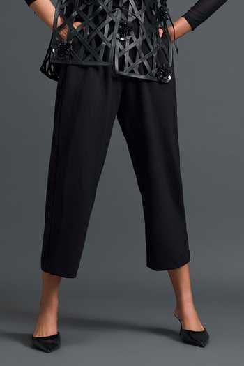 Buy_Deepika Arora_Black Ponte Roma, Leather, Net Mandarin Layered Embroidered Jacket Pant Set _Online_at_Aza_Fashions