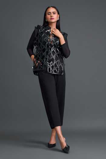 Shop_Deepika Arora_Black Ponte Roma, Leather, Net Mandarin Layered Embroidered Jacket Pant Set _Online_at_Aza_Fashions