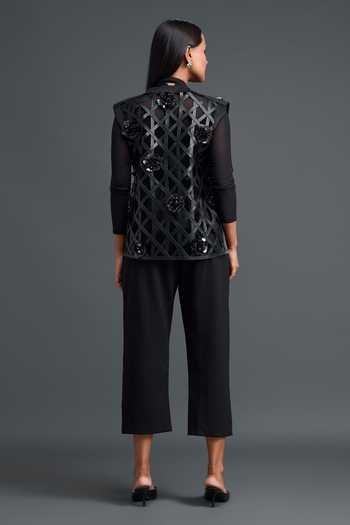 Shop_Deepika Arora_Black Ponte Roma, Leather, Net Mandarin Layered Embroidered Jacket Pant Set _at_Aza_Fashions