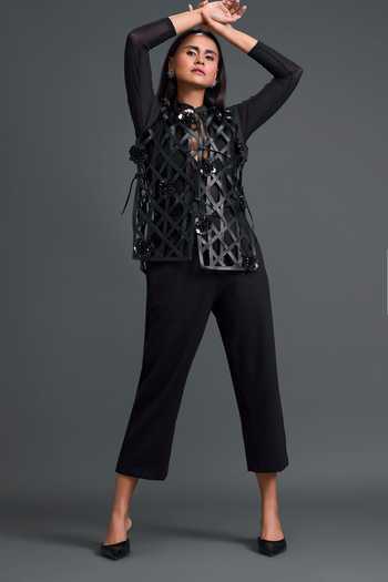 Buy_Deepika Arora_Black Ponte Roma, Leather, Net Mandarin Layered Embroidered Jacket Pant Set 