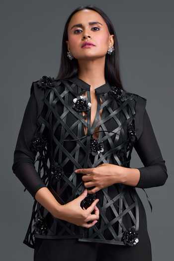 Shop_Deepika Arora_Black Ponte Roma, Leather, Net Mandarin Layered Embroidered Jacket Pant Set 