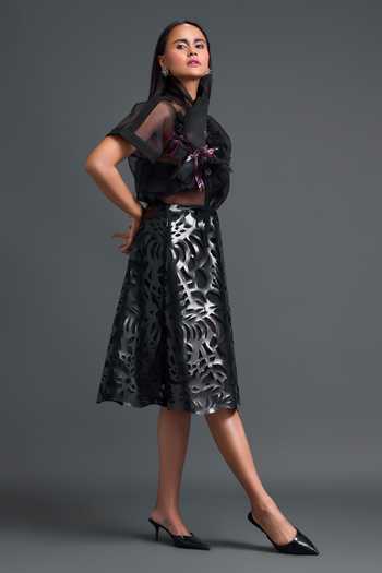 Deepika Arora_Black Organza, Leather, Ponte Roma Applique Work Skirt _Online_at_Aza_Fashions